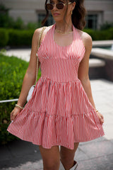 Red Halter Striped Mini Dress