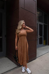 Camel Suede Bustier Midi Dress