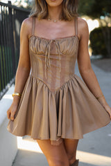 Taupe Pleated Lace Corset Dress