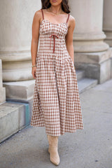 Brown Plaid Drop Waist Midi Dress